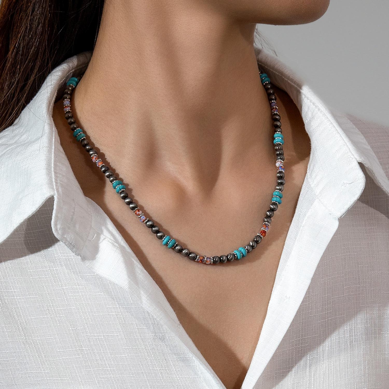 

Punk style turquoise beads mixed with Navojo brushed beaded necklaces for women, versatile for daily use