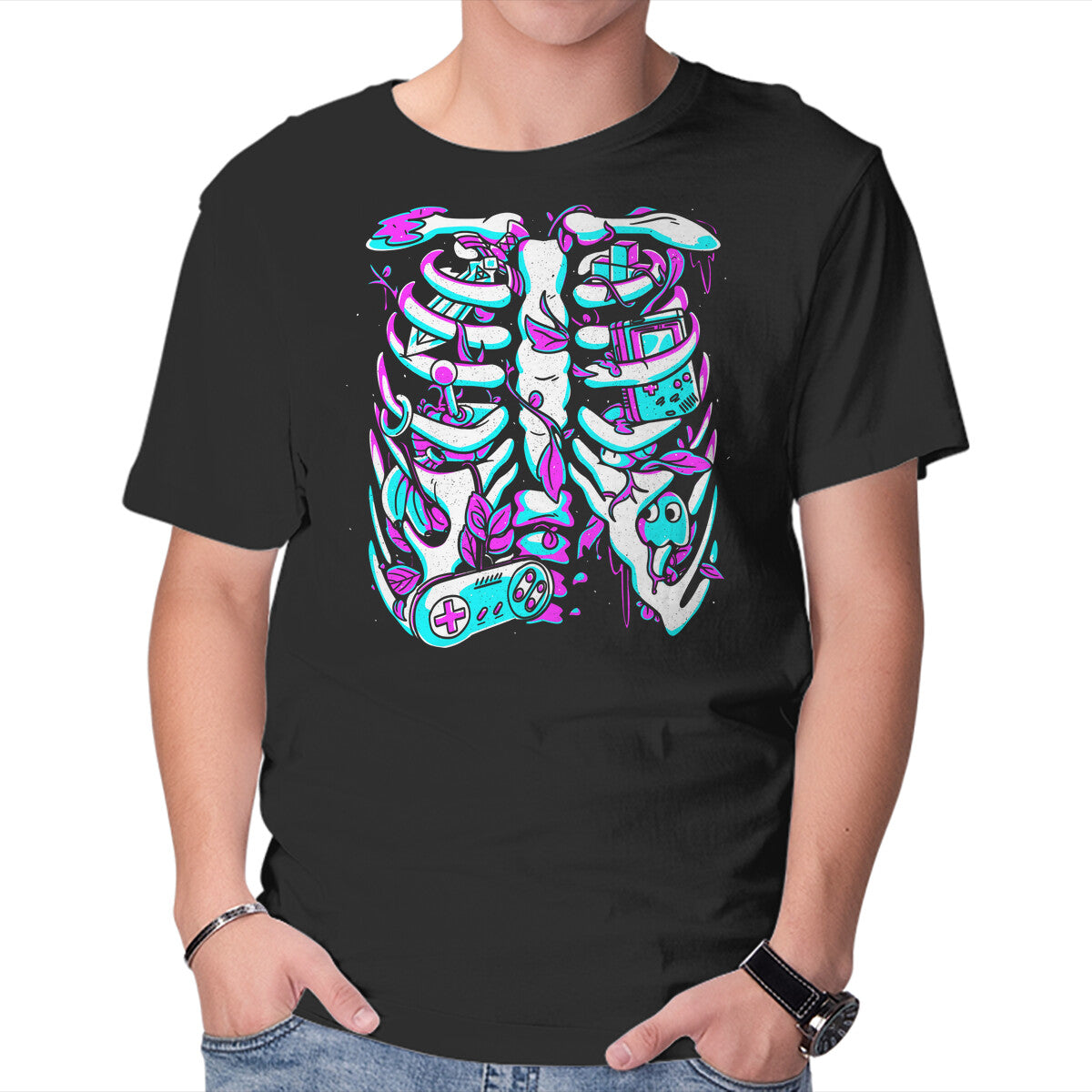 Unisex Crew Neck T-Shirt Retro Gaming Skeleton Graphic Short Sleeve Casual Tee S