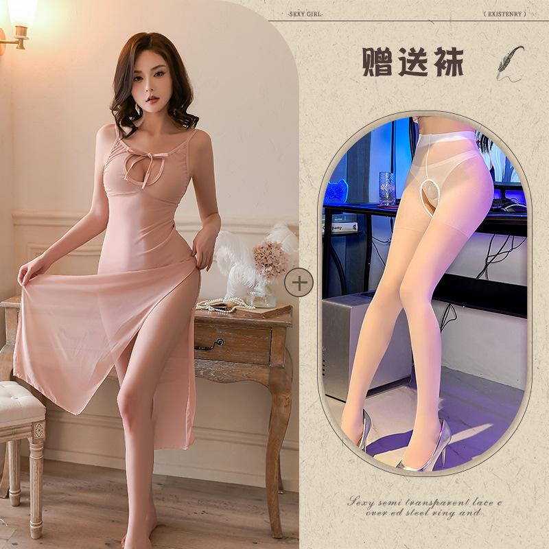New Sexy Babes Hollowed Out and Thin Medium and Long Dresses, Inner Robes, Pajamas, High Waist Slits