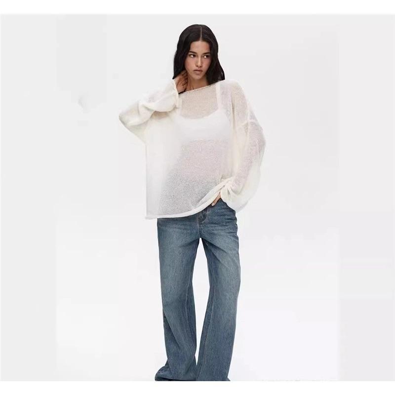2025 Spring Summer Hollow Knit Sweater For Women Soft Loose Knit Long Sleeve Top European American Style Knitted Sweater Women's Fashion Casual Wear