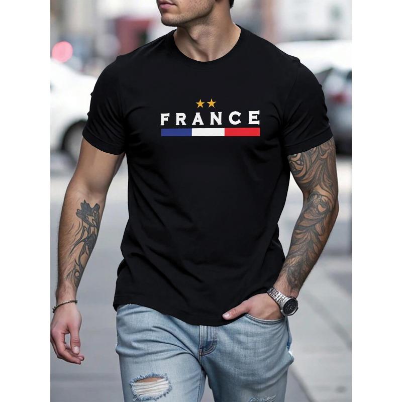 French National Style Printed Men'S T-Shirt, Trendy Round Neck Short Sleeves, Slight Stretch, Summer T-Shirt, Suitable for Casual Outings And Travel