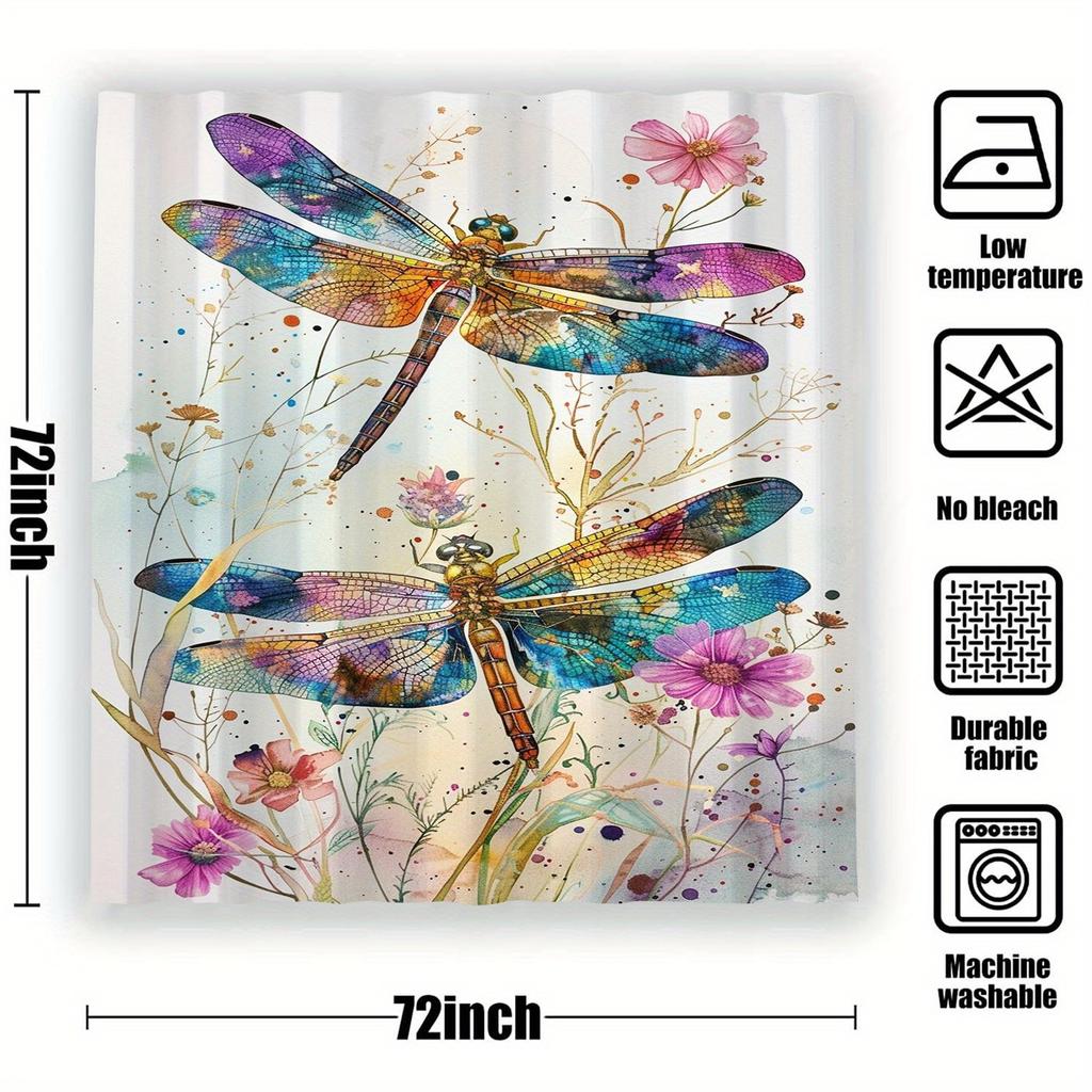Waterproof 12 Hooks Dragonfly Pattern Shower Curtain, Machine Washable One Piece for Room Home Hotel Bathroom