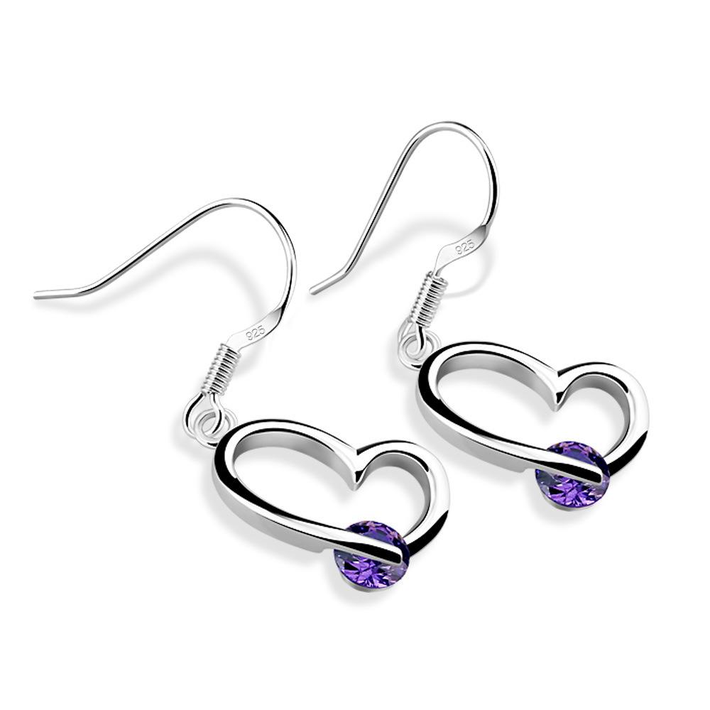 Silver Heart-Shaped Purple Crystal Zircon Earrings Women'S Minimalist Geometric Earrings Platinum-Plated Ear Hook Jewelry