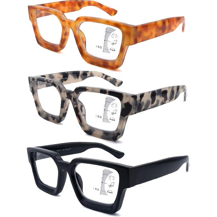 3 Pack Progressive Multifocal Reading Glasses for Women Retro Square Multifocus Readers Blue Light Computer Glasses