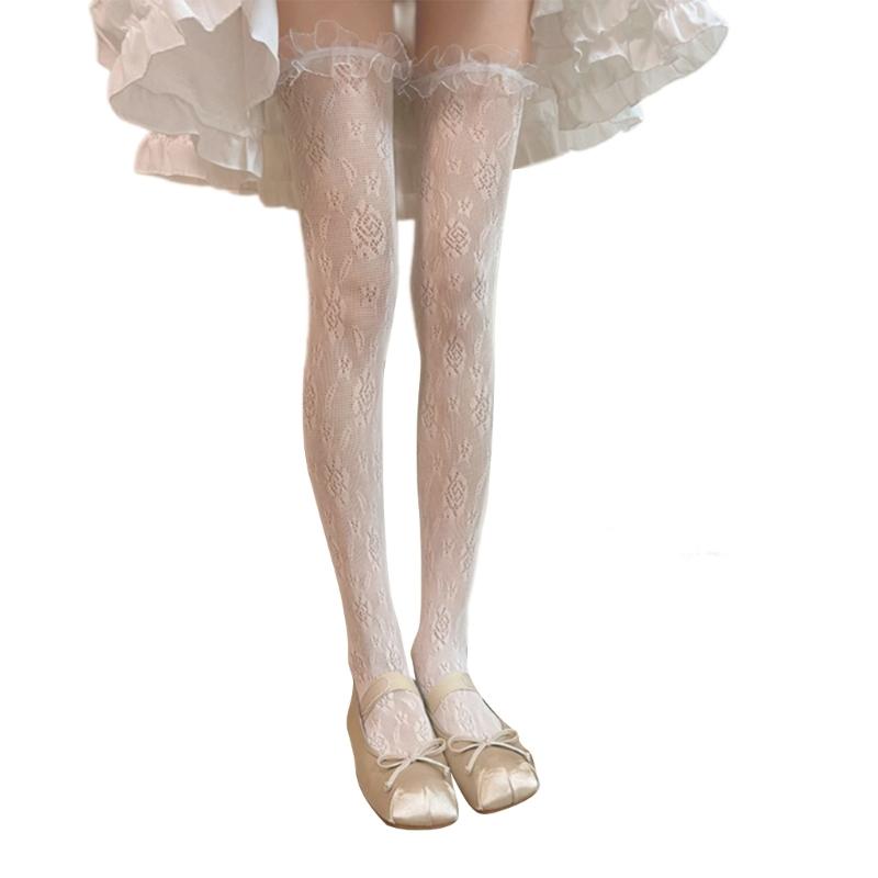 Japanese Fishnet Mesh Thigh High Stockings for Women Girl Flower Pattern Ruffle Lace Trim Frilly Over Knee Long Socks