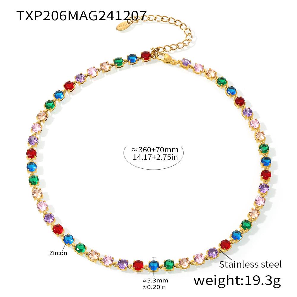 Mili Ins 18K Gold PVD-Plated Stainless Steel Set: Handmade Claw-Set 5mm Colored Zircon Bracelet & Necklace, Super Shiny.