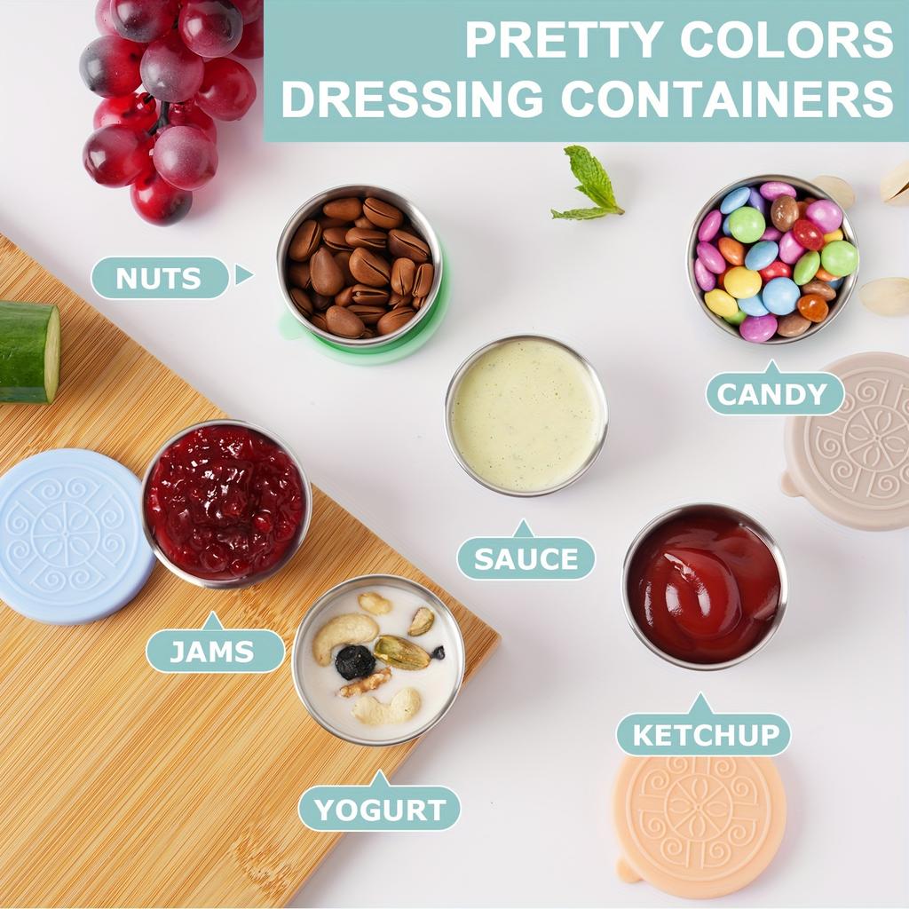 1.6 oz Stainless Steel Salad Dressing Containers with Leak-proof Silicone Lids. Ideal for Lunch Boxes, Picnics & Travel.