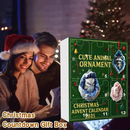 Christmas Geode Animal Advent Calendar 2025 2D Acrylic Forest Animals Xmas Tree Ornaments 12 Days Countdown Calendar for Holiday Decor