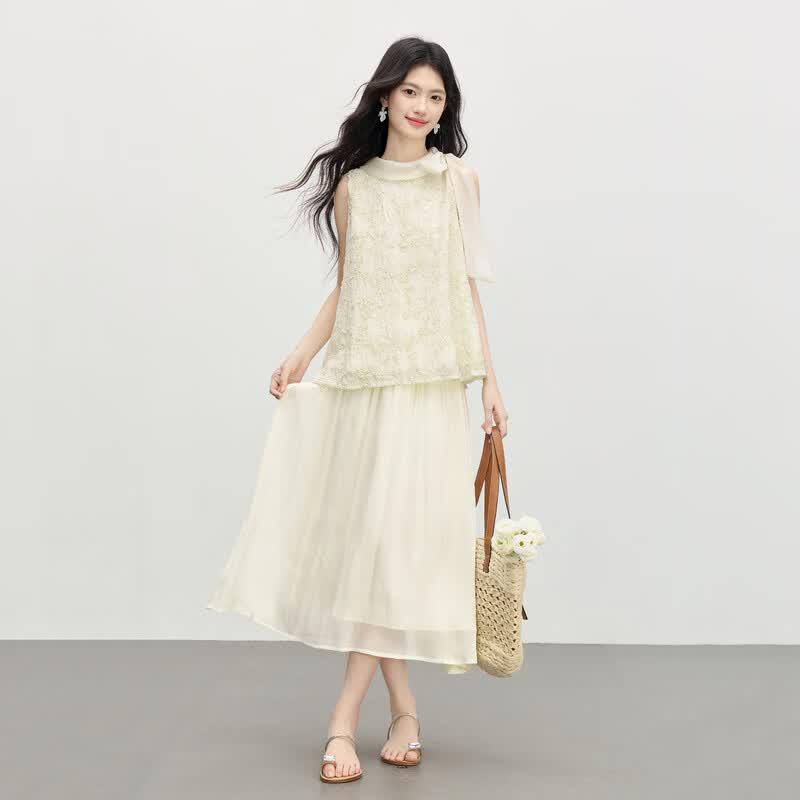 Women's French Style Sleeveless Top & Flowing Skirt Set