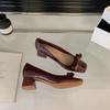 Burgundy High Heels 2025 Autumn French New Women's Shoes Square Head Bow Light Mouth Thick Heel Single Shoes
