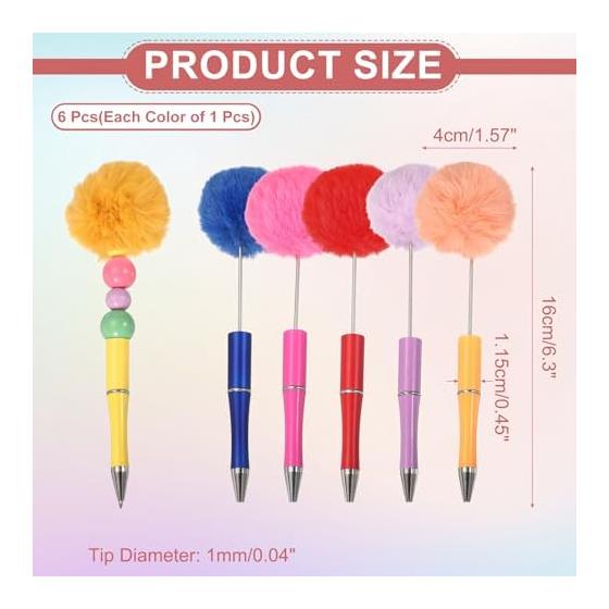 PATIKIL Pom Pom Ballpoint Pens, Fluffy Cute Bead Pens for DIY Gifts, Office Stationery, Set of 6 (Red/Rose Red/Purple/Dark Blue/Orange/Yellow),