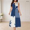 Women Plus Size Round Neck Triple Keyhole Cutout Sleeveless Printed Blue Beige White Long Maxi Dress