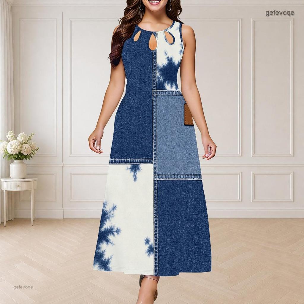 Women Plus Size Round Neck Triple Keyhole Cutout Sleeveless Printed Blue Beige White Long Maxi Dress