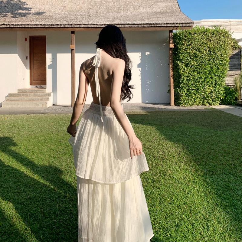 Holiday atmosphere dress women's pleated deep neck long dress pure desire wind sexy big backless lace dress