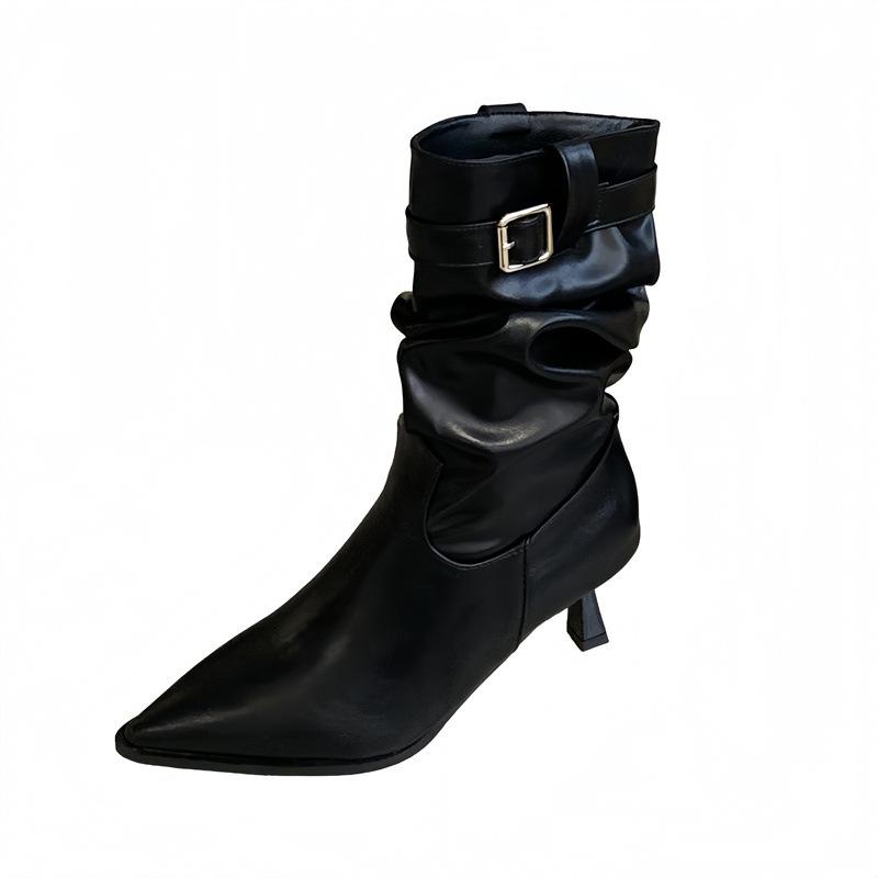 Temperament Pleated Pile Boots Women's 2025 Autumn and Winter New Pointed Thin Heel Medium Boots Belt Buckle High Heel Skinny Boots