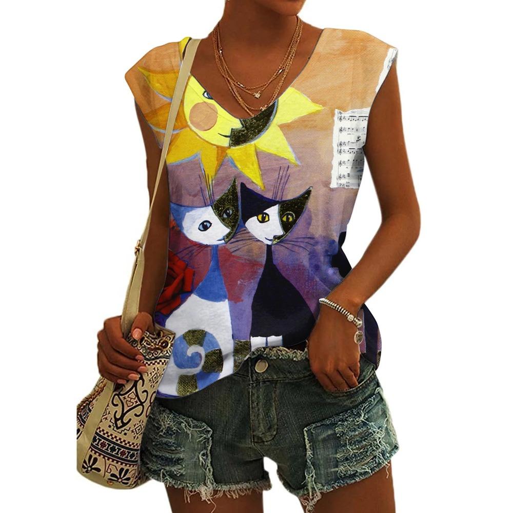Women's Sleeveless T-shirts 3d Abstract Cat Print Vest Loose V-Neck T-shirts & Blouse Summer Breathable Basic Tops Tees