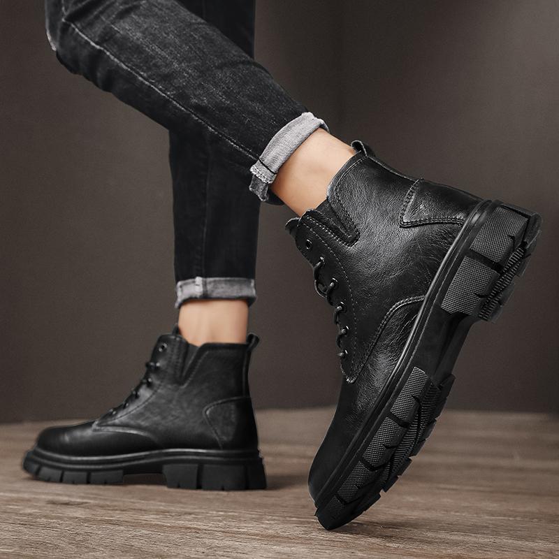 Classic black men's boots Casual minimalist design style Daily office outdoor walking Motorcycle men's leather shoes Size-46