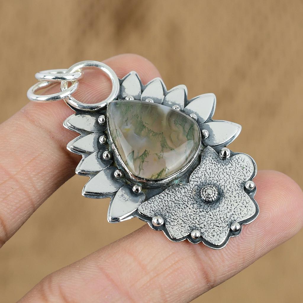 Wedding Gift For Her 925 Silver Natural Solar Moss Agate Gemstone Pendant