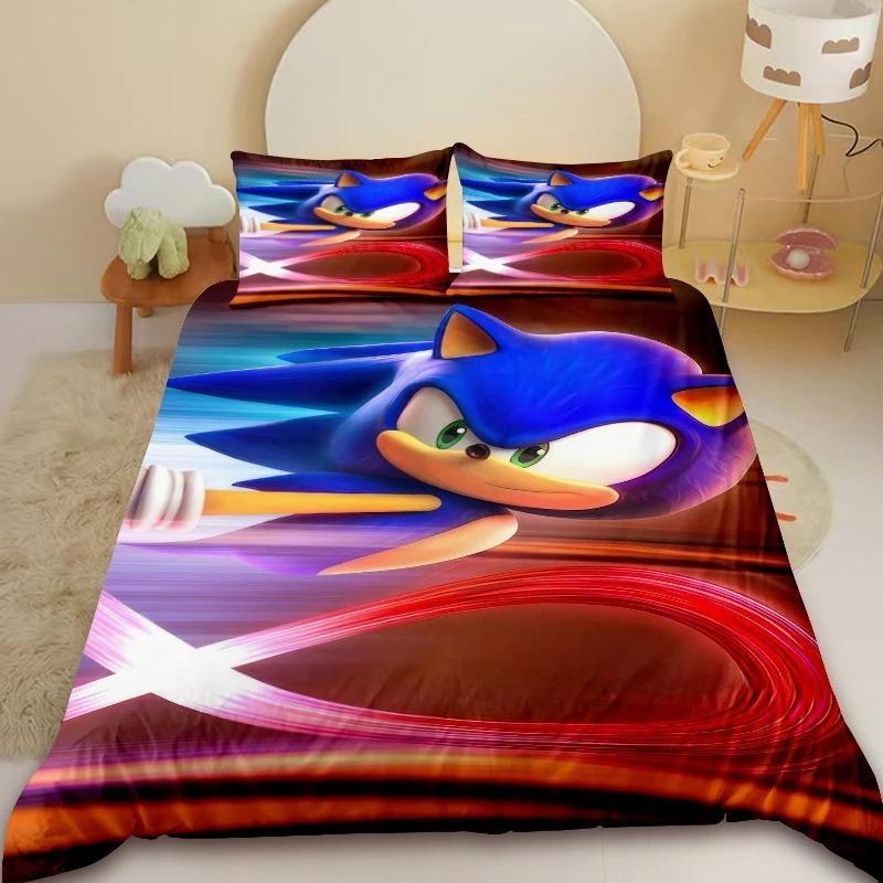 Cartoon Kids Sonic Duvet Cover Cool Anime Bedding Set Comforter Cover with 1/2 Pillowcase Queen King Bedroom Children Teens