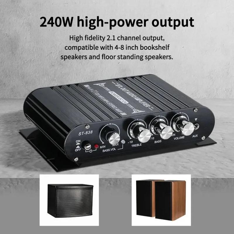 ST-838 2.1 Channel HiFi Power Amplifier, Low and High Frequency Adjustment, 80W * 2 Stereo Sound Amplifier, Mini Multimedia Play