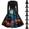 Women's Vintage Long Sleeve Round Neck Dress Halloween Printed Party Dress with Bow Waist Tie and Flared Skirt Suitable for Evening Events