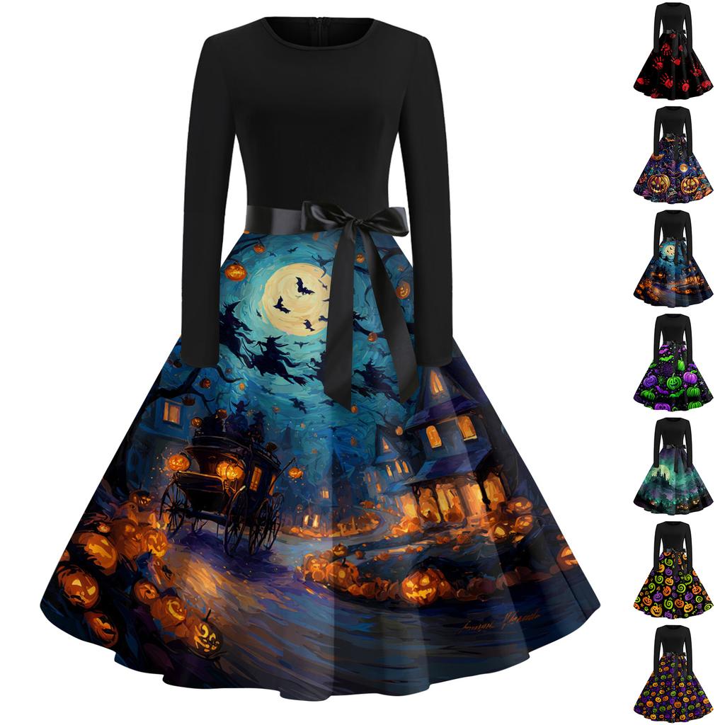 Women's Vintage Long Sleeve Round Neck Dress Halloween Printed Party Dress with Bow Waist Tie and Flared Skirt Suitable for Evening Events