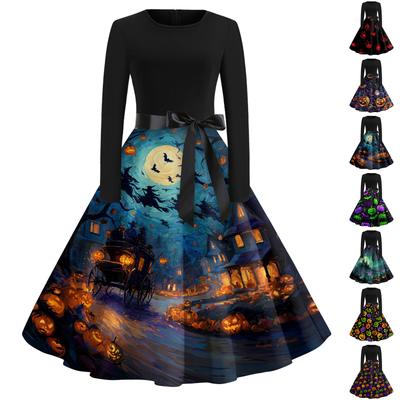 Women's Vintage Long Sleeve Round Neck Dress Halloween Printed Party Dress with Bow Waist Tie and Flared Skirt Suitable for Evening Events