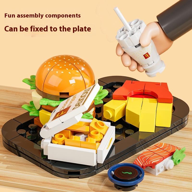Building Blocks Children's Educational Assembly Food Model Compatible with Lego Boy Puzzle Steak Hamburger Hot Pot Toy