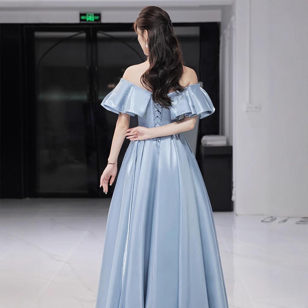 Evening dress women's 1011 new summer banquet temperament blue one-word shoulder long dress host annual meeting dress