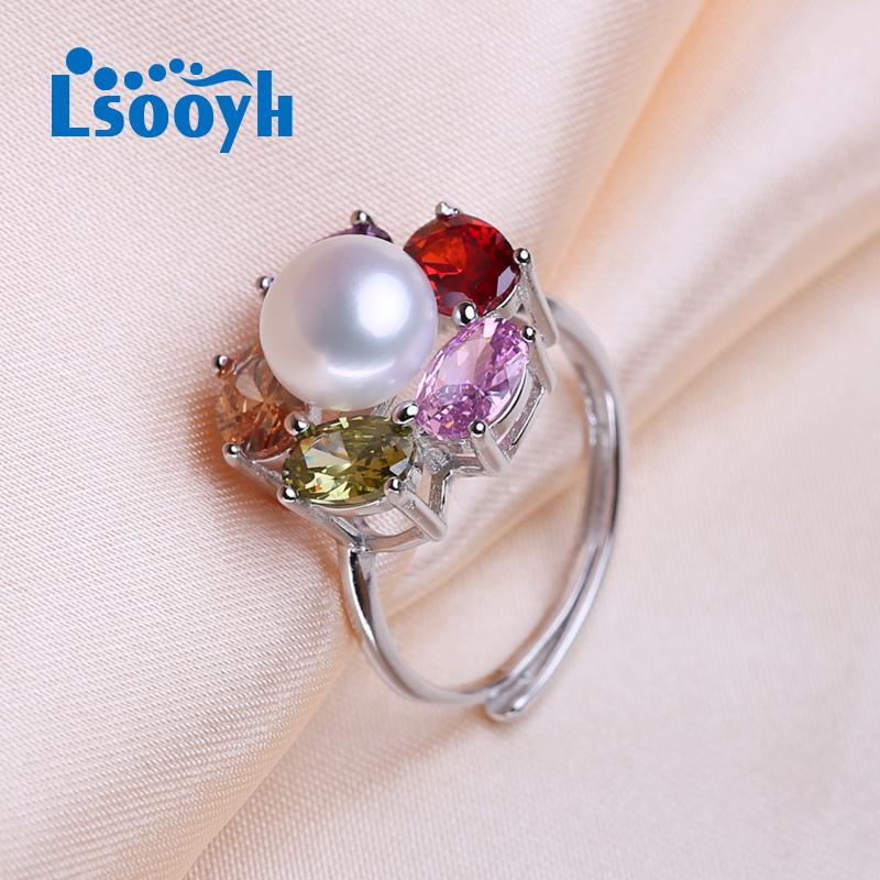 

LSOOYH Ювелирные изделия из жемчуга, кольца с натуральным пресноводным жемчугом для женщин, модное женское кольцо с кубическим цирконием и CZ в виде цветка