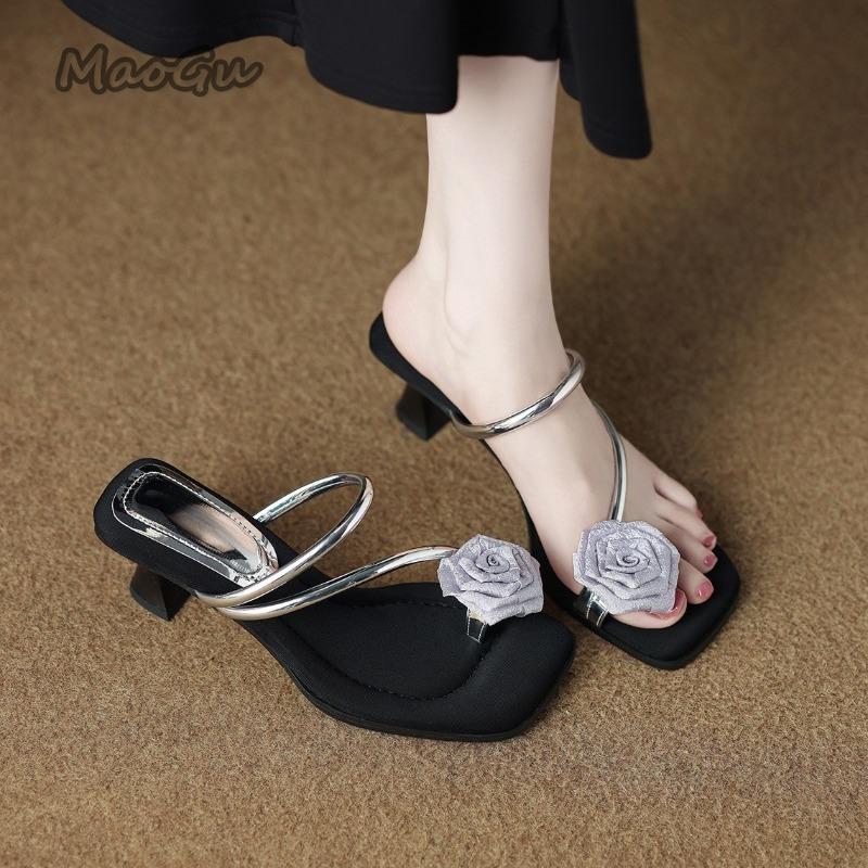 Fashion Women's Slippers Fashion Flower High Heels 2025 Summer New Thick Heel Women's Sandals Luxury Elegant Slippers Sandalias De Mujer