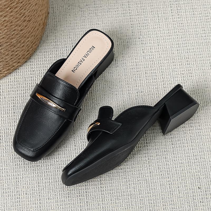 

Баотоу полушлепанцы туфли Мюли женская мода уличная одежда ленивые квадратный носок средний каблук толстый каблук крутые шлепанцы женские X332-5 39 чёрный