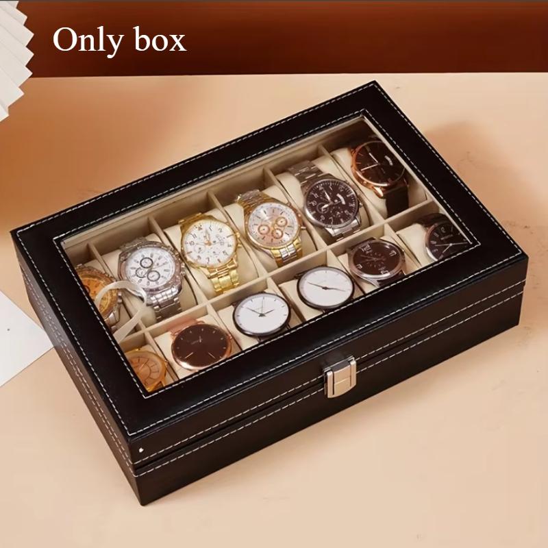 

A Faux Leather Watch Storage Box That Holds 12 Watches, Perfect for Displaying Timepieces And Storing Jewelry Like Bracelets.