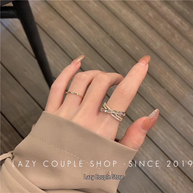 Double Row Pave Diamond Adjustable Open Ring - Women's Trendy Cold Style Niche Design