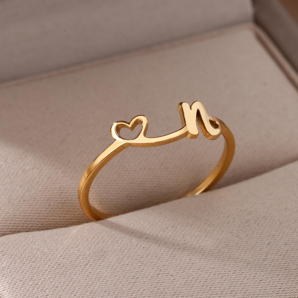 Tiny Initial Letter Rings For Women Gold Color  Stainless Steel Hollow Heart A-Z Initial Letter Ring Wedding Christmas Jewelry