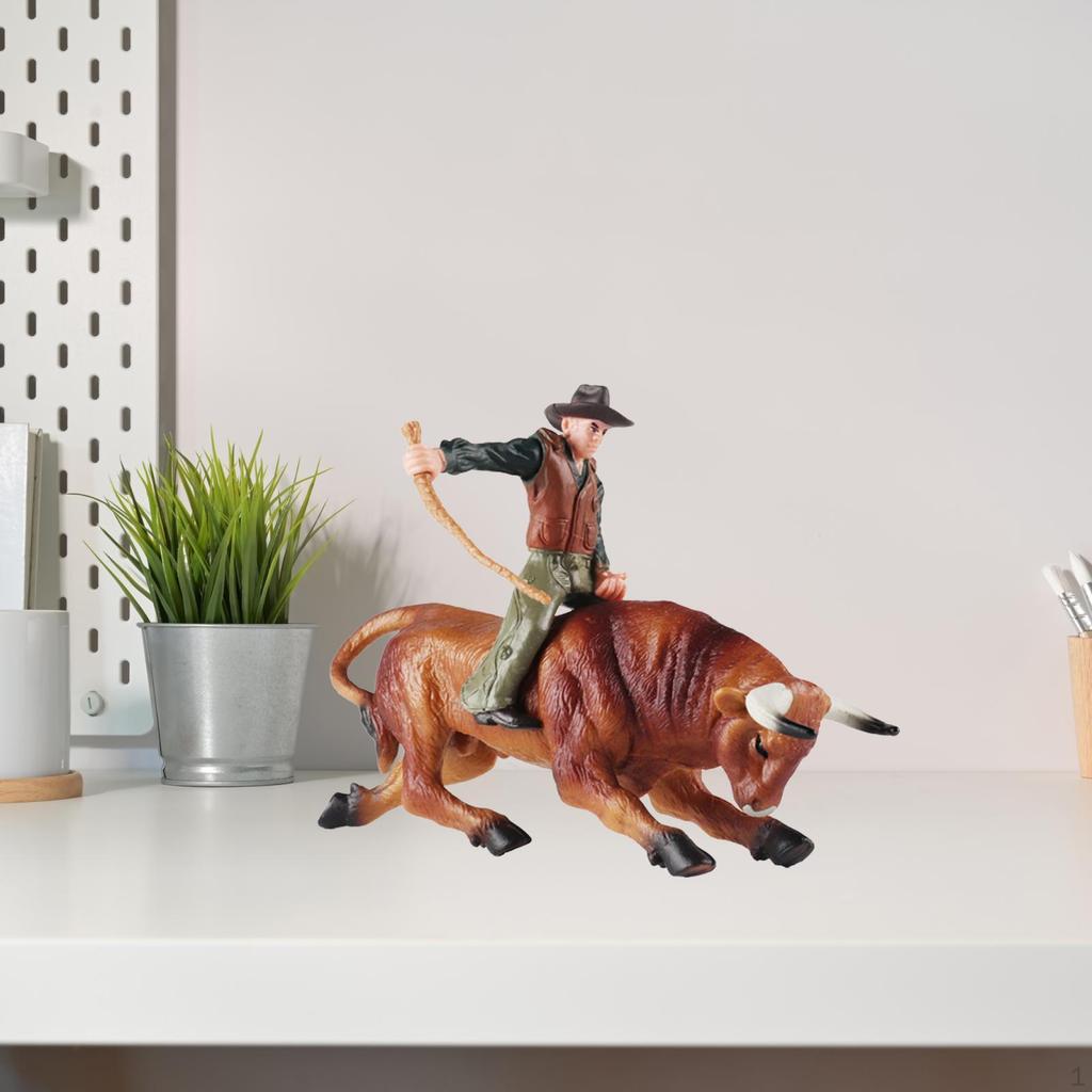Bull Riding Figurine Miniature Cattle Figure Role Farm Cow for Fairy Garden Micro