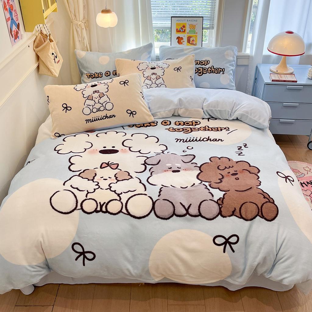Thickened Milk Fleece Bed Four-Piece Set Coral Flannel Quilt Cover Children'S Bedding Sheets Three-Piece Set