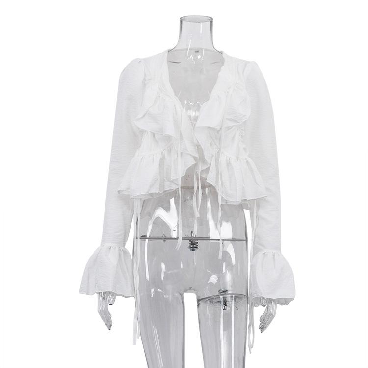 women s Ruffled Flare Long Sleeve V Neck Tie Front Cropped Top Casual Blouse Shirt S белый