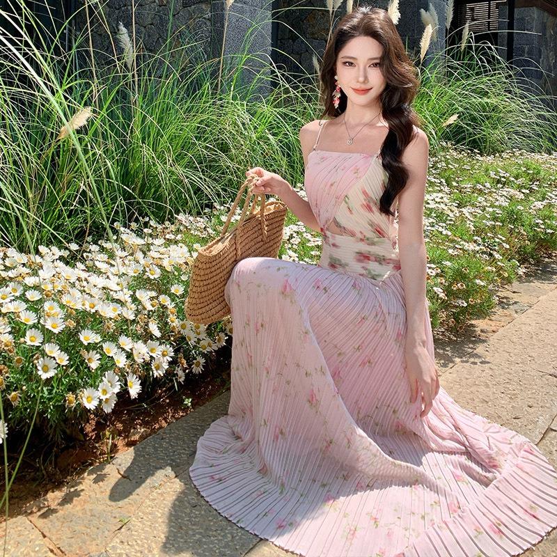 Coffee Break French Gentle Temperament Pink Floral Tube Top Dress Beautiful Unique Waist Beautiful Summer Skirt