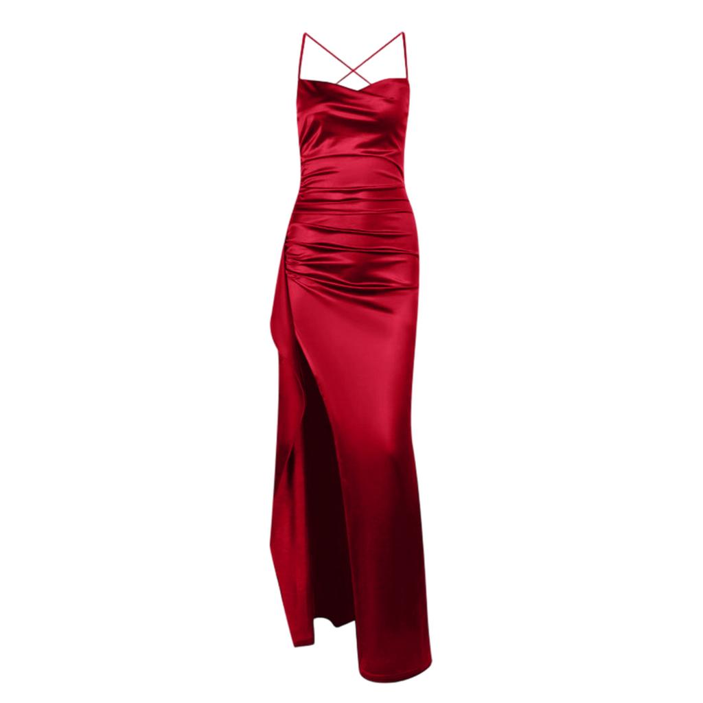 Modisches, Elegantes, Sexyes, Figurbetontes, Faltengelegtes, Geschlitztes Satin-Abendkleid für Damen