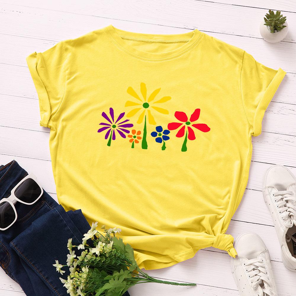 Women's Creative Pure Cotton Colorful Flower Loose Round Neck Short Sleeved T-shirt