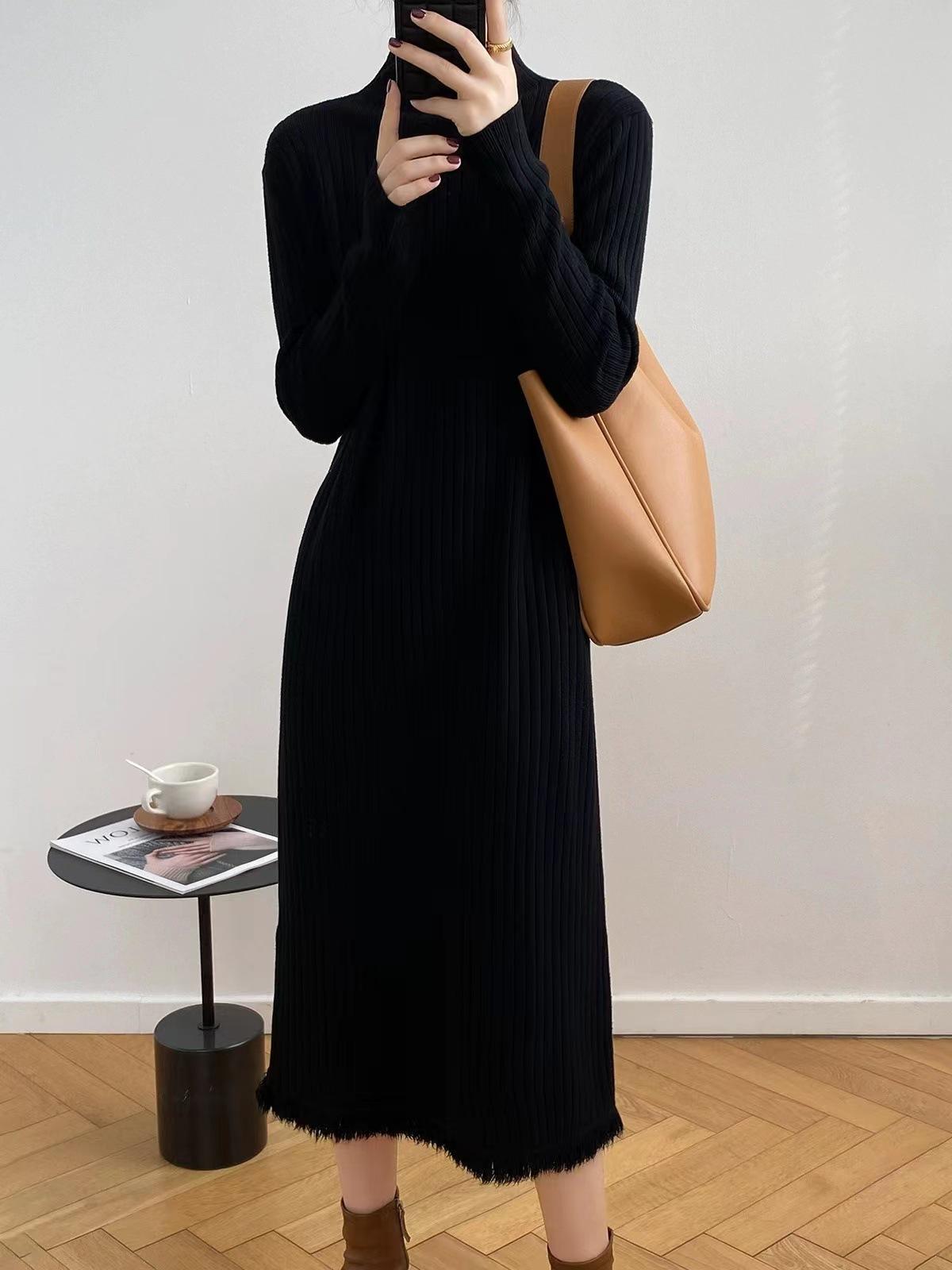 

Осень и зима длинная юбка-свитер женская длиной до колена с полувысоким воротником низ с черным вязаным платьем свободное средней длины One Size