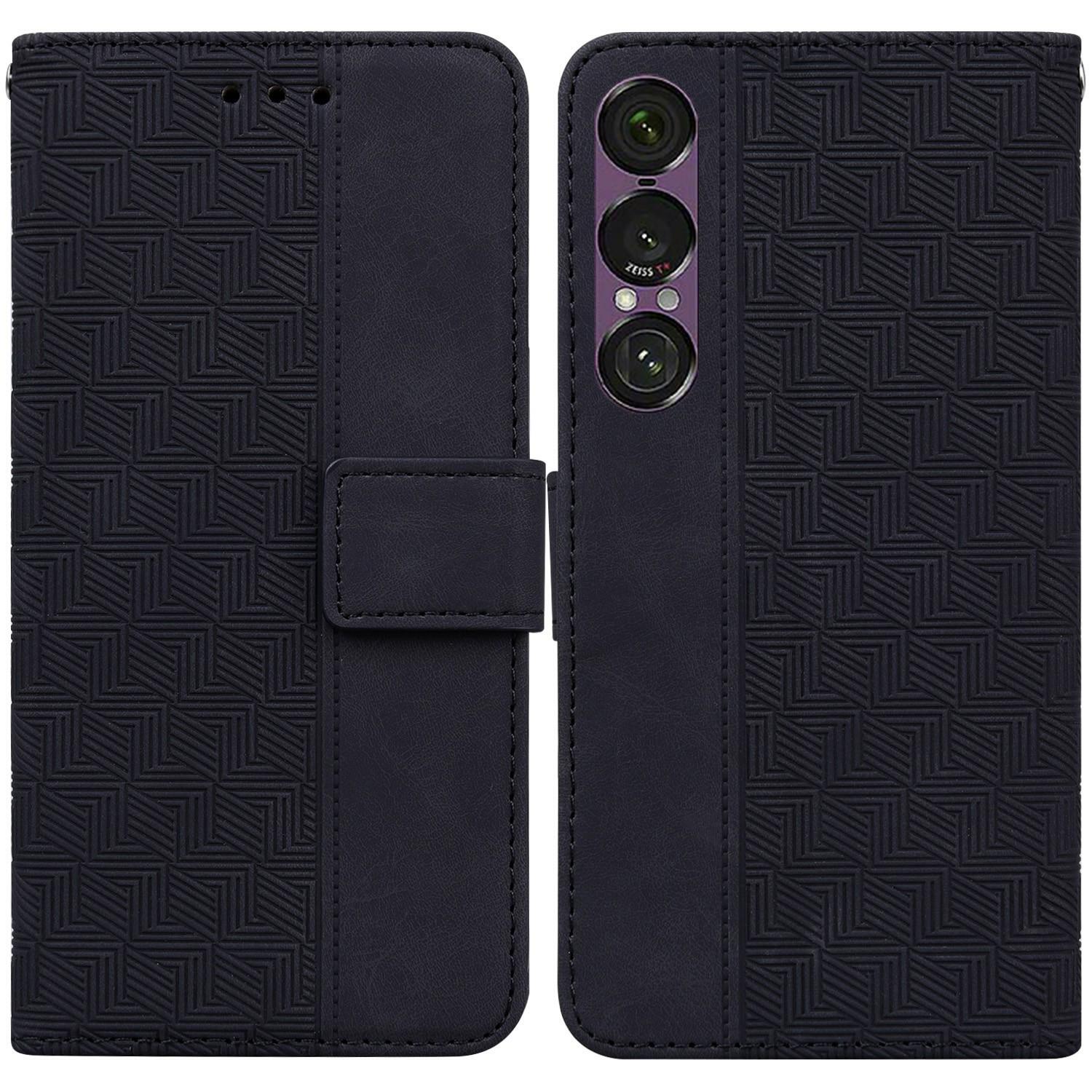 

For Sony Xperia 1 VII Case Geometry Pattern Leather Wallet Phone Cover with Wrist Strap Black