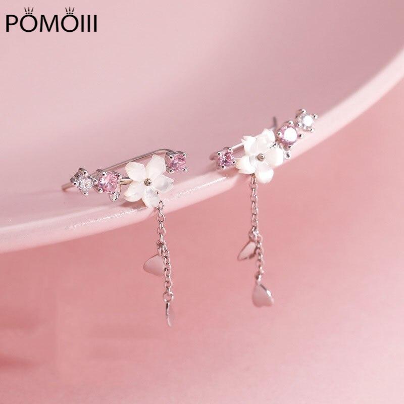 925 Sterling Silver Romantic Pink Cherry Blossom Shell Tassel Earrings for Women Girls Party Drop Earrings Jewelry Gifts S-E1248