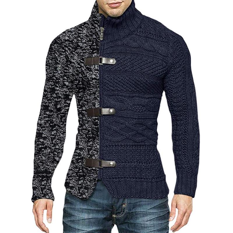 Men's Plus Size Color Block Buckle Knit Cardigan - High-Neck Long Sleeve Sweater for Autumn/Winter