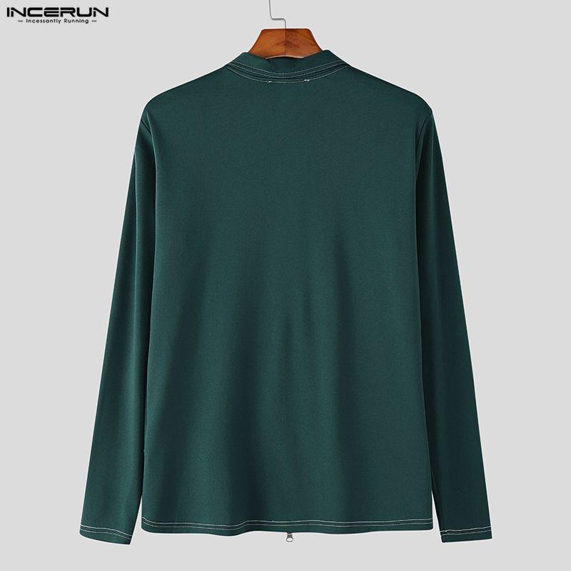 INCERUN Męskie Top T-shirty Casual z Kołnierzem Lapel, Długim Rękawem, Zamkiem Błyskawicznym i Rozcięciami, Dopasowane