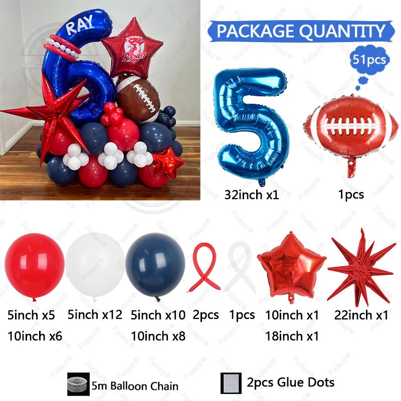 51Pcs Rugby Balloons 32inch Blue 1-9 Number Rugby Foil Balloon five-pointed star Globos Baby Shower Boy Birthday Party Decors