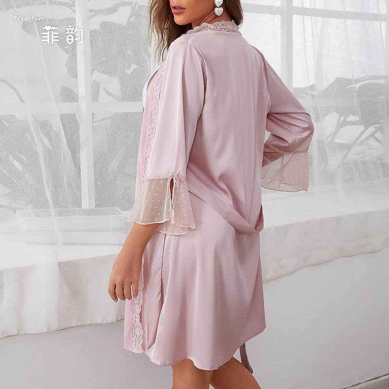 Summer simulation silk sexy seduction deep V lace robe lace-up nightgown bathrobe women's loungewear