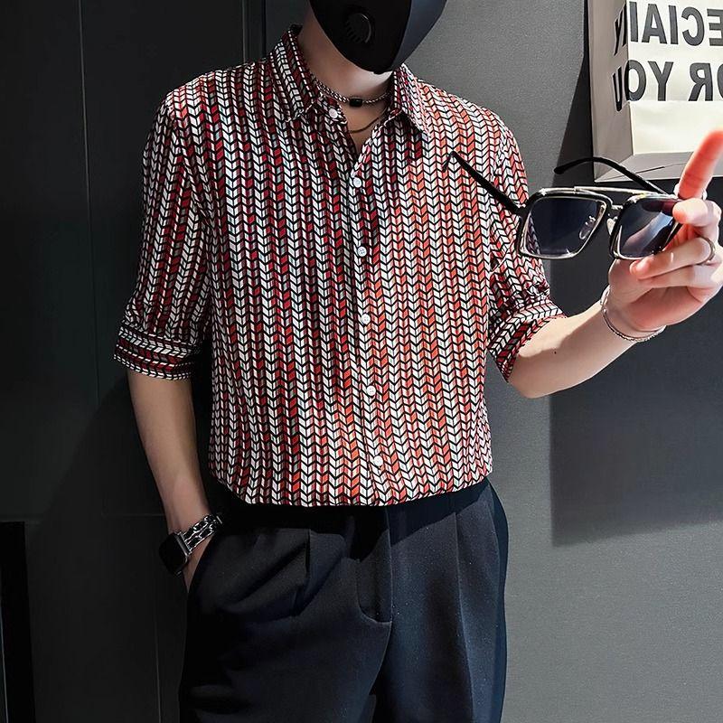 

Contrasting Colors Geometric Shirts Printed Summer Turn-down Collar Men s Clothing Stylish Short Sleeve Business Casual Shirts L червоний