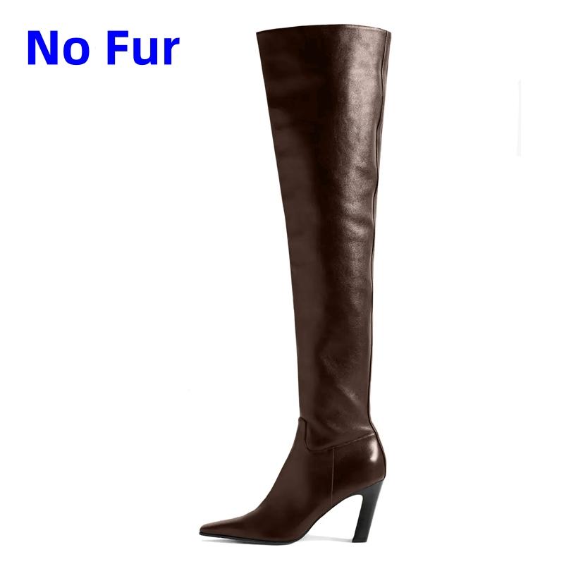 Western Women's Over the Knee High Boots Genuine Leather Heels Winter Shoes Ladies Black Brown Long Chelsea Boot Big Size 45